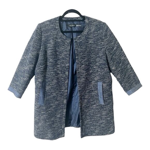 Ivanka Trump 3/4 Sleeve Blue White Open Front Denim Trim Tweed Blazer Jacket - Picture 1 of 8